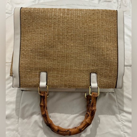 Liz Claiborne Tan White Wooden Handle Raffia Look Purse bag Euro Summer Classic - Picture 7 of 16